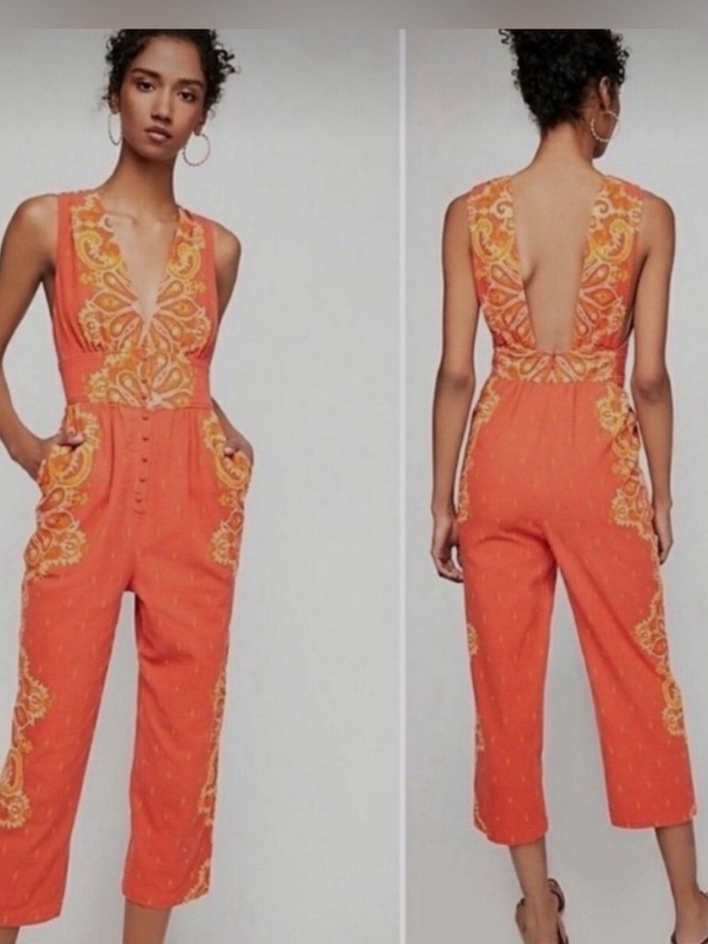 Free People Small Orange Paisley Open Back Wide Leg Boho Jumpsuit Pockets - Picture 1 of 8